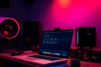 Professional video editing studio with a MacBook Pro in focus.